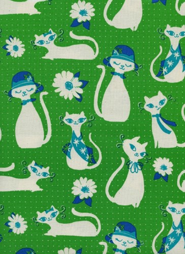 Fancy Cats in Green UNBLEACHED COTTON