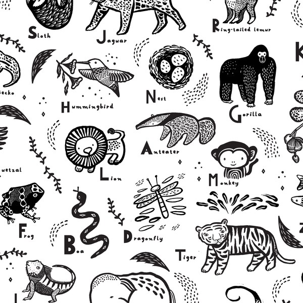 ABC Menagerie White Fabric Yardage | SKU: STELLA-WG1982 | Stash Fabrics