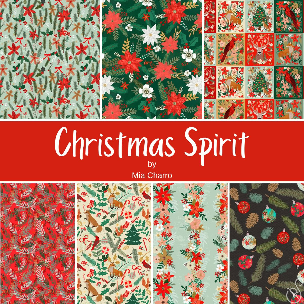 Christmas Spirit Fat Quarter Bundle | Mia Charro | 7 FQs + 1 Panel