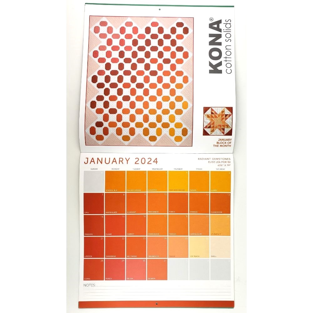 Kona Cotton Solids 2024 Wall Calendar SKU KONACALENDAR24 Stash Fabrics