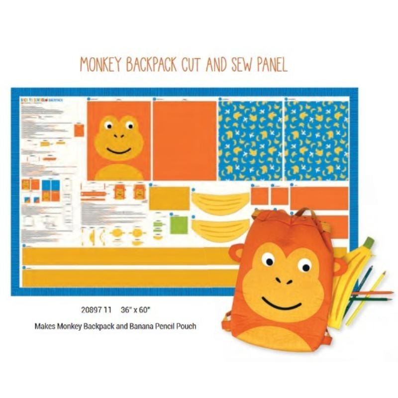 Monkey Backpack Cut and Sew Panel | Back to School | 36" x 60" - Multi
