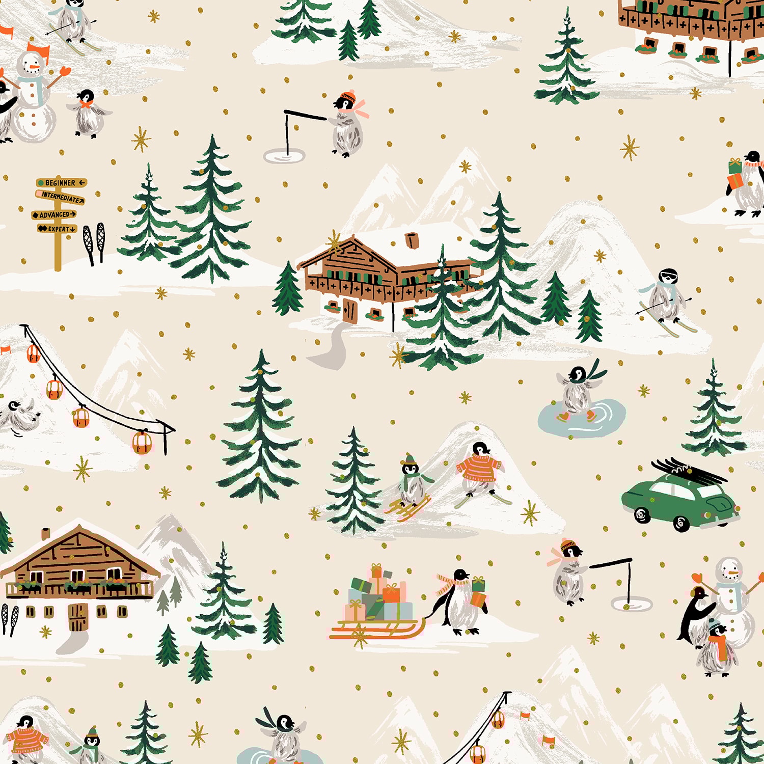 Penguin Village - Cream and Gold Metallic