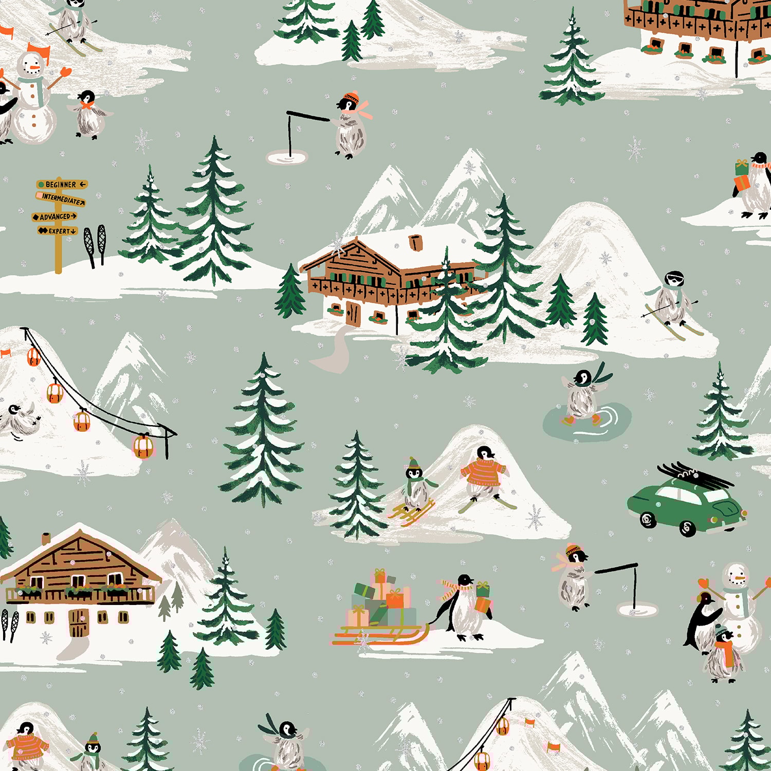 Penguin Village - Mint and Gold Metallic