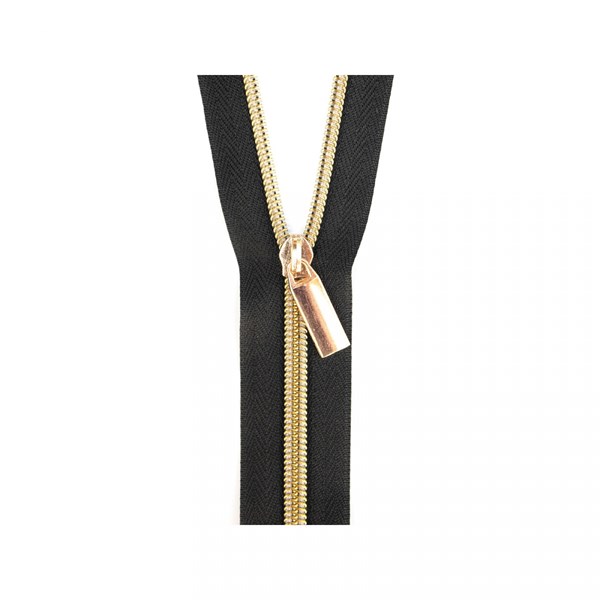 Sallie Tomato 108'' #5 Zipper by the Yard + 9 Pulls  - Gold, Black Tape