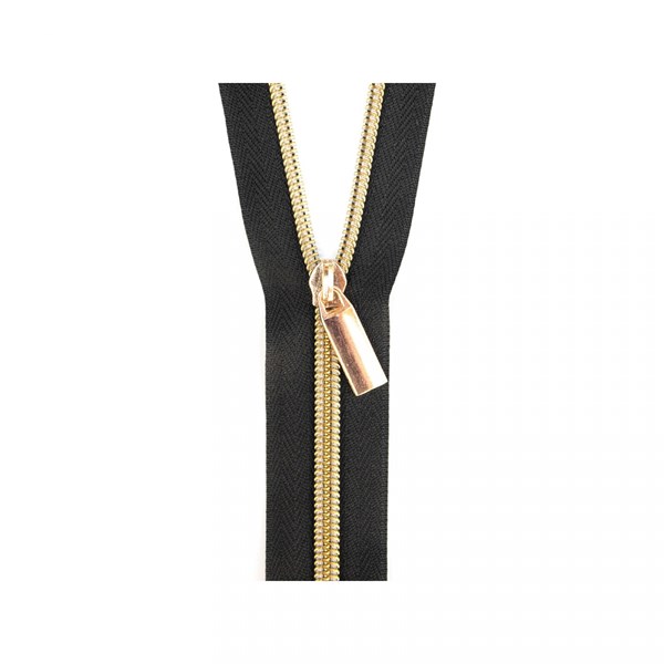 Sallie Tomato 108'' Zipper by the Yard + 9 Pulls - Gold, Black Tape