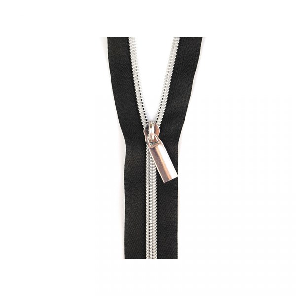 Sallie Tomato 108'' Zipper by the Yard + 9 Pulls - Silver, Black Tape