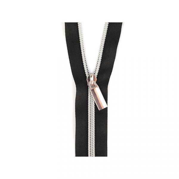 Sallie Tomato 108'' #5 Zipper by the Yard + 9 Pulls  - Silver, Black Tape