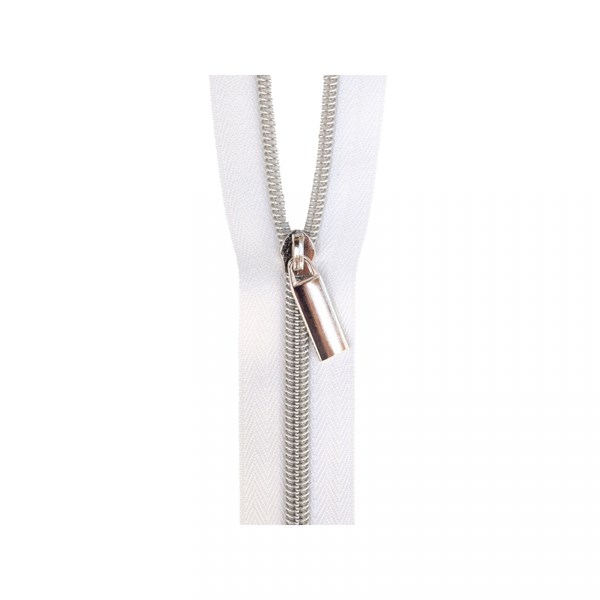Sallie Tomato 108'' #5 Zipper by the Yard + 9 Pulls  - Silver, White Tape