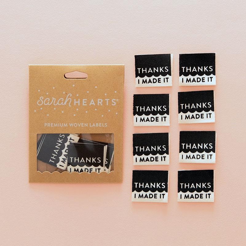 Sew In Labels | Sarah Hearts - Thanks I Made It Black - 1-1/8" x 1"