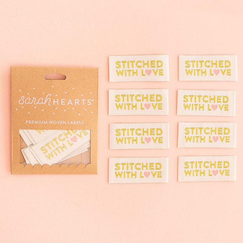 Sew In Labels | Sarah Hearts - Stitched with Love -  2-1/4" x 1"