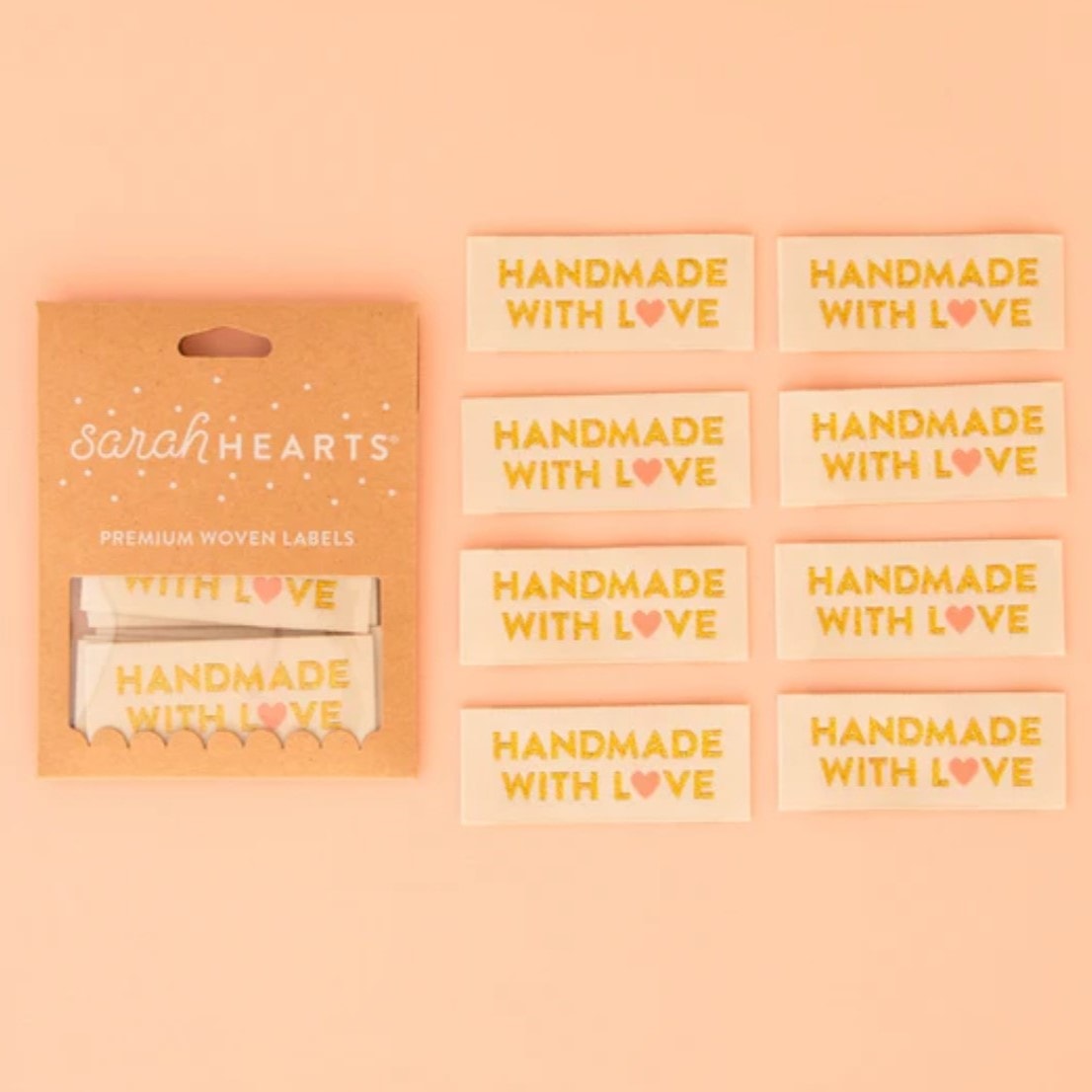 Sew In Labels | Sarah Hearts - Handmade with Love Gold - 2-1/4" x 1"