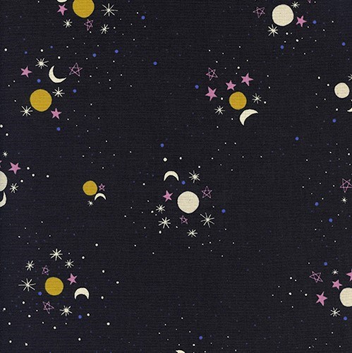 Sun, Moon, Stars in Black UNBLEACHED QUILTING COTTON