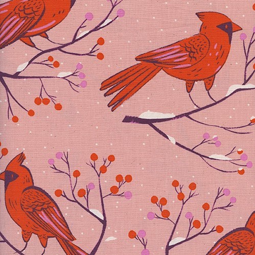 Winter Cardinals in Pink UNBLEACHED QUILTING COTTON