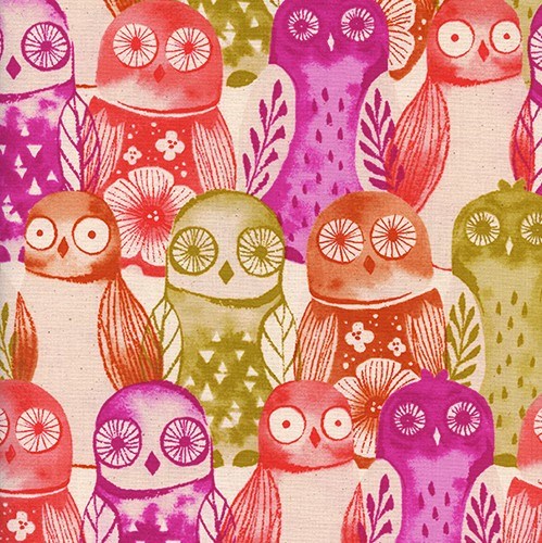 Wise Owls in Fuchsia UNBLEACHED QUILTING COTTON